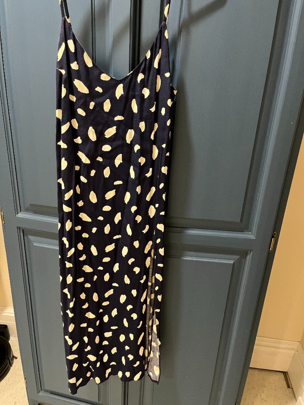 Reformation Black Slip Midi Dress with Cream Spot Print